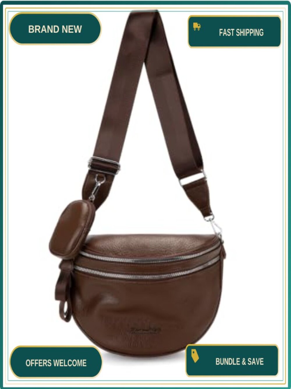 Faux Leather Crossbody Bum Bag Double Zip Removable Strap Detachable Pouch